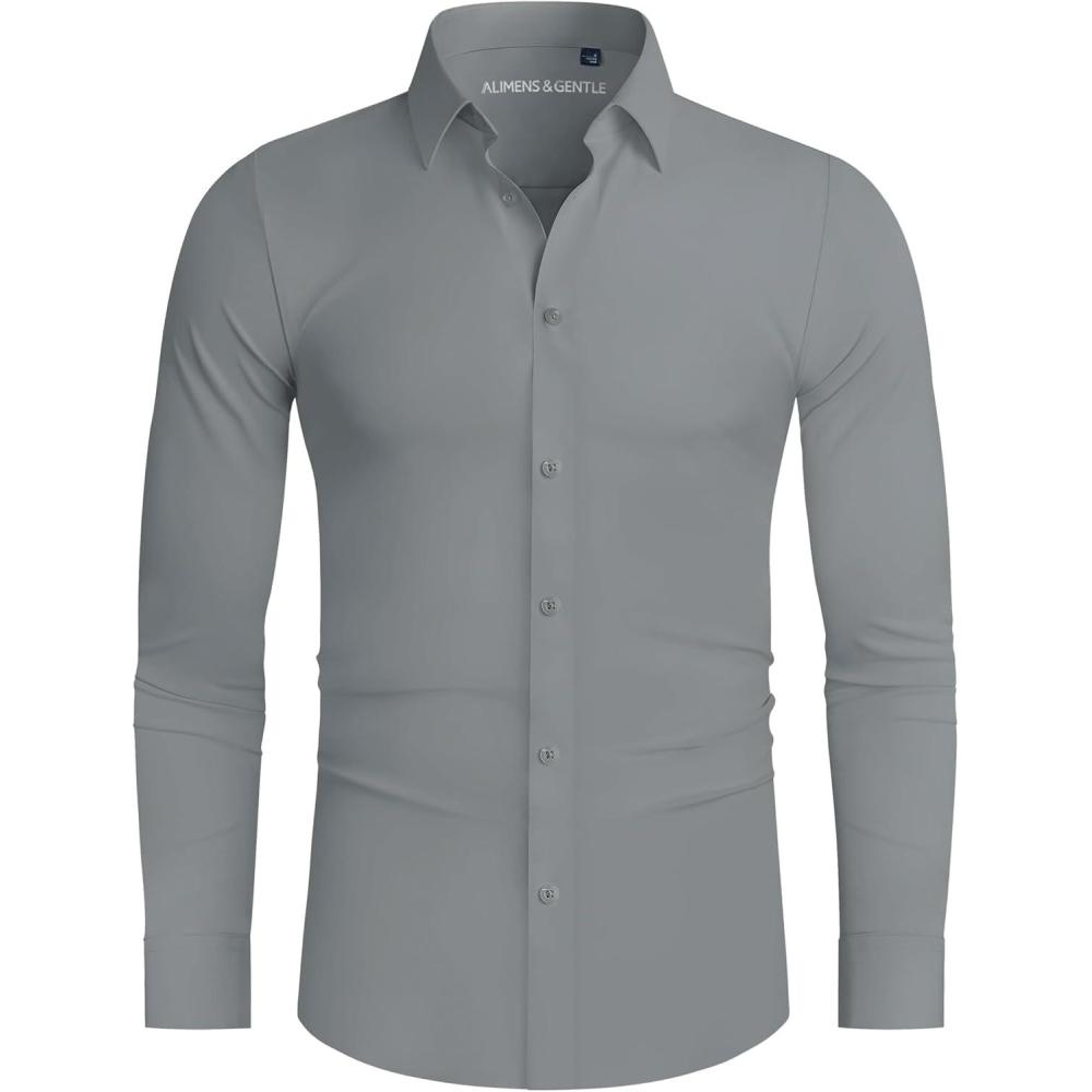 imageAlimens ampamp Gentle Stretch Mens Dress Shirts Slim Fit Long Sleeve Casual Skinny Muscle Fit Wrinkle Free Button Down ShirtGrey