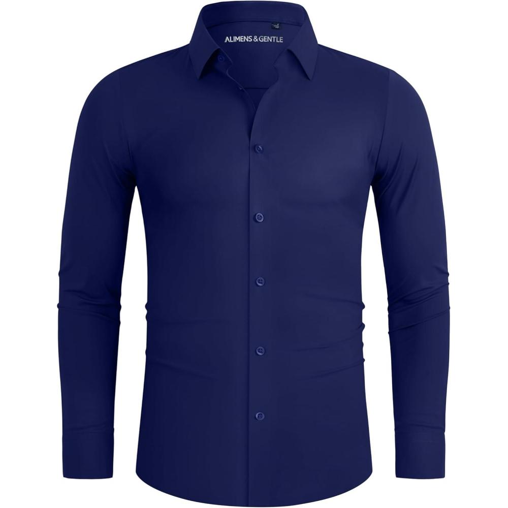 imageAlimens ampamp Gentle Stretch Mens Dress Shirts Slim Fit Long Sleeve Casual Skinny Muscle Fit Wrinkle Free Button Down ShirtNavy Blue