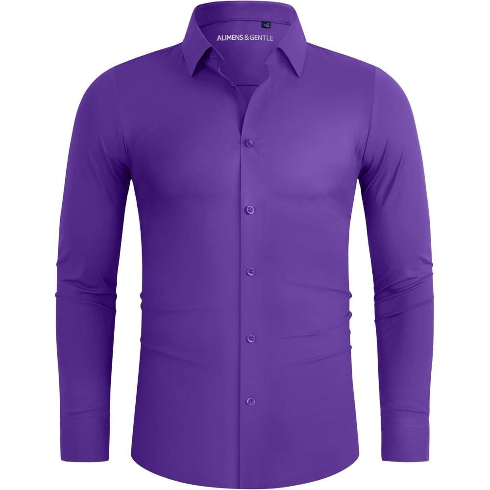 imageAlimens ampamp Gentle Stretch Mens Dress Shirts Slim Fit Long Sleeve Casual Skinny Muscle Fit Wrinkle Free Button Down ShirtPurple