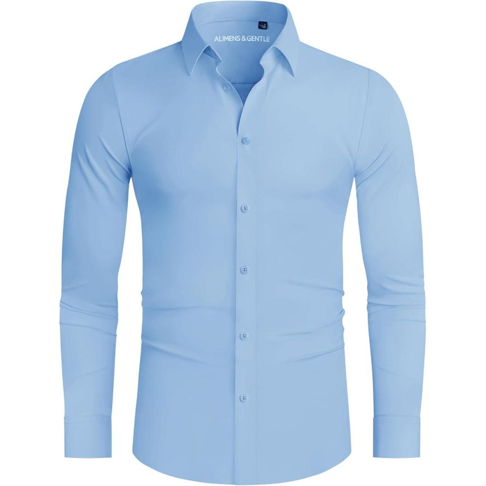 imageAlimens ampamp Gentle Stretch Mens Dress Shirts Slim Fit Long Sleeve Casual Skinny Muscle Fit Wrinkle Free Button Down ShirtSky Blue