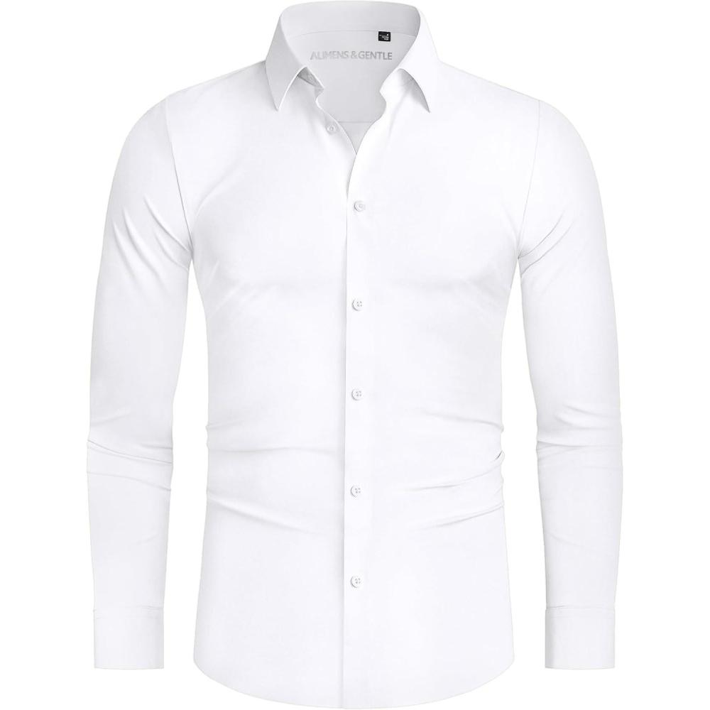 imageAlimens ampamp Gentle Stretch Mens Dress Shirts Slim Fit Long Sleeve Casual Skinny Muscle Fit Wrinkle Free Button Down ShirtWhite