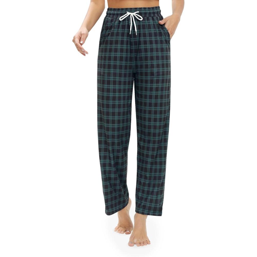 imageAlimens ampamp Gentle Womens Pajama Pants Plaid Stretch Comfy Lounge Pants Drawstring Waist Sleep Bottoms with PocketsBlack Green
