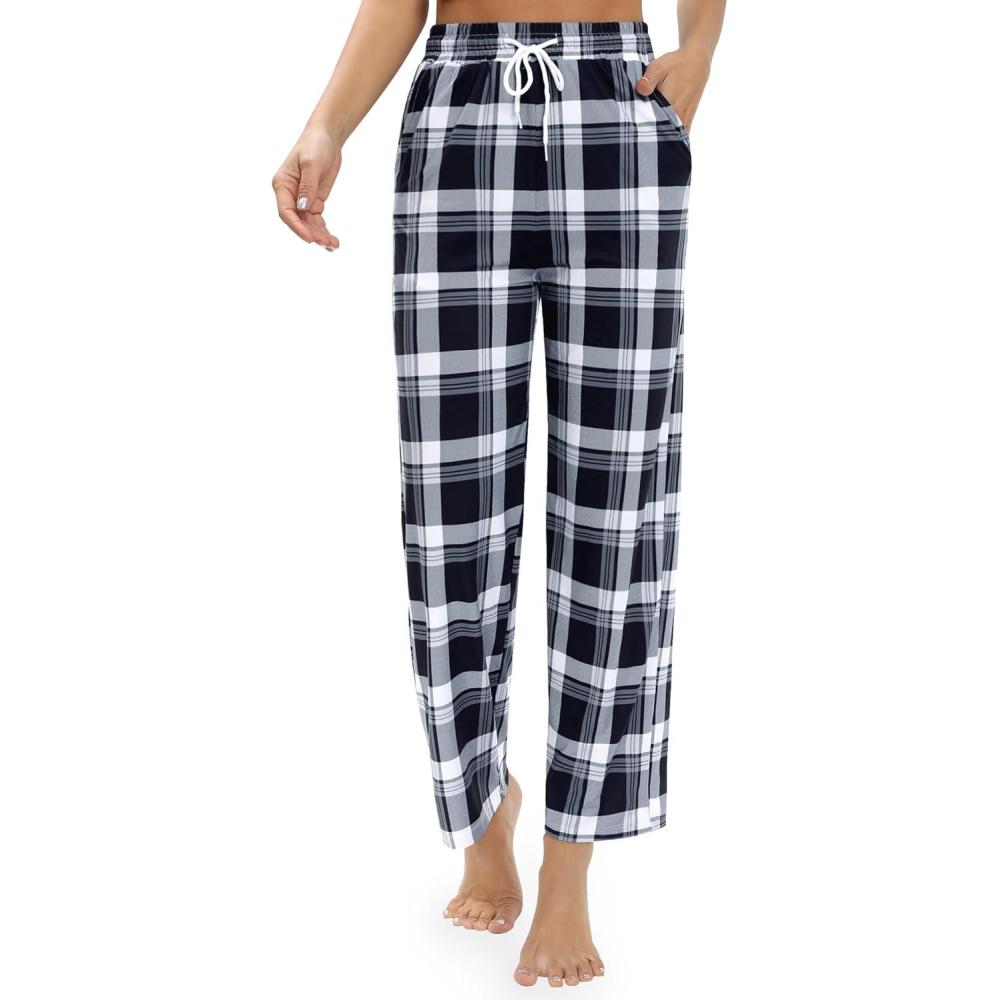 imageAlimens ampamp Gentle Womens Pajama Pants Plaid Stretch Comfy Lounge Pants Drawstring Waist Sleep Bottoms with PocketsBlack white Grey