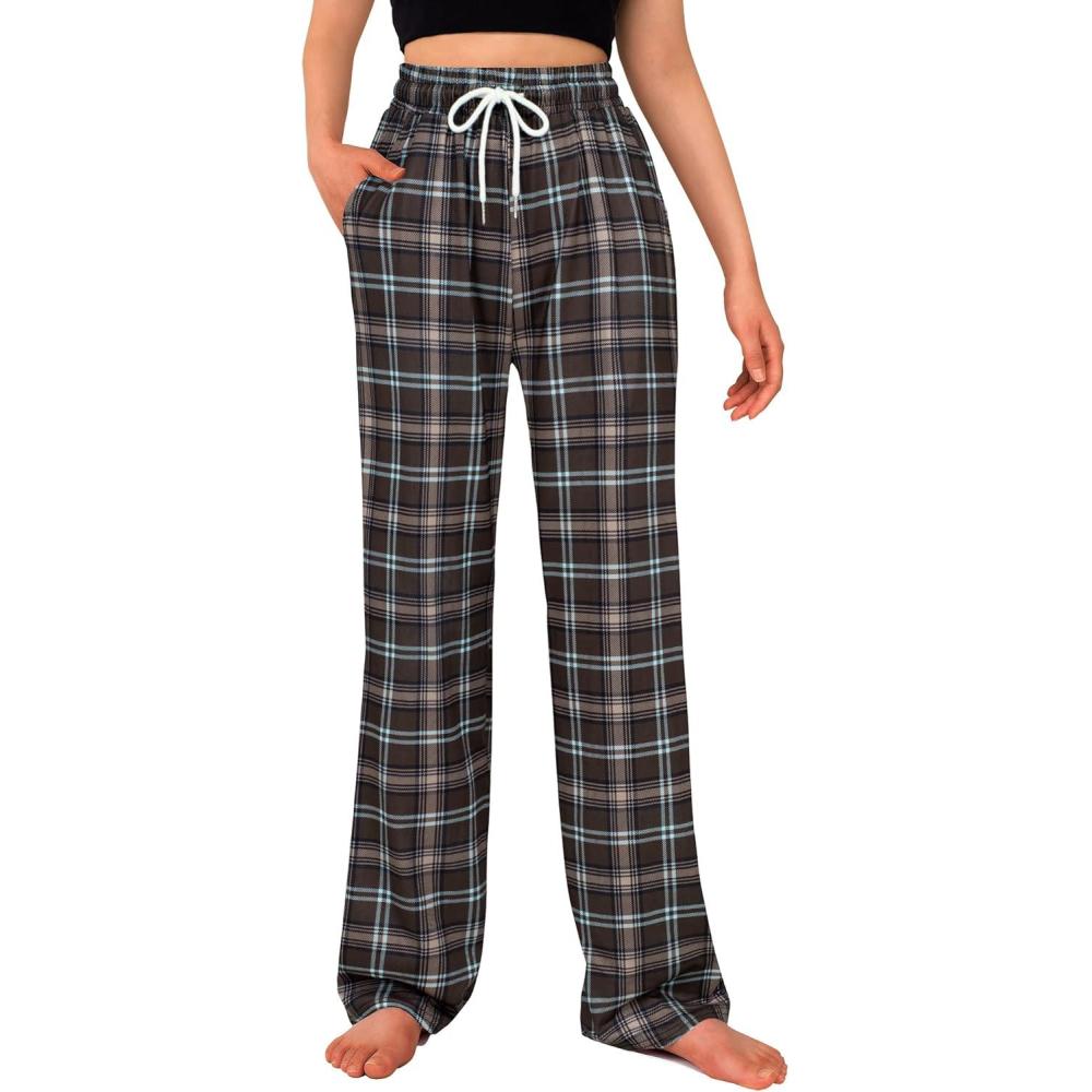imageAlimens ampamp Gentle Womens Pajama Pants Plaid Stretch Comfy Lounge Pants Drawstring Waist Sleep Bottoms with PocketsBrown