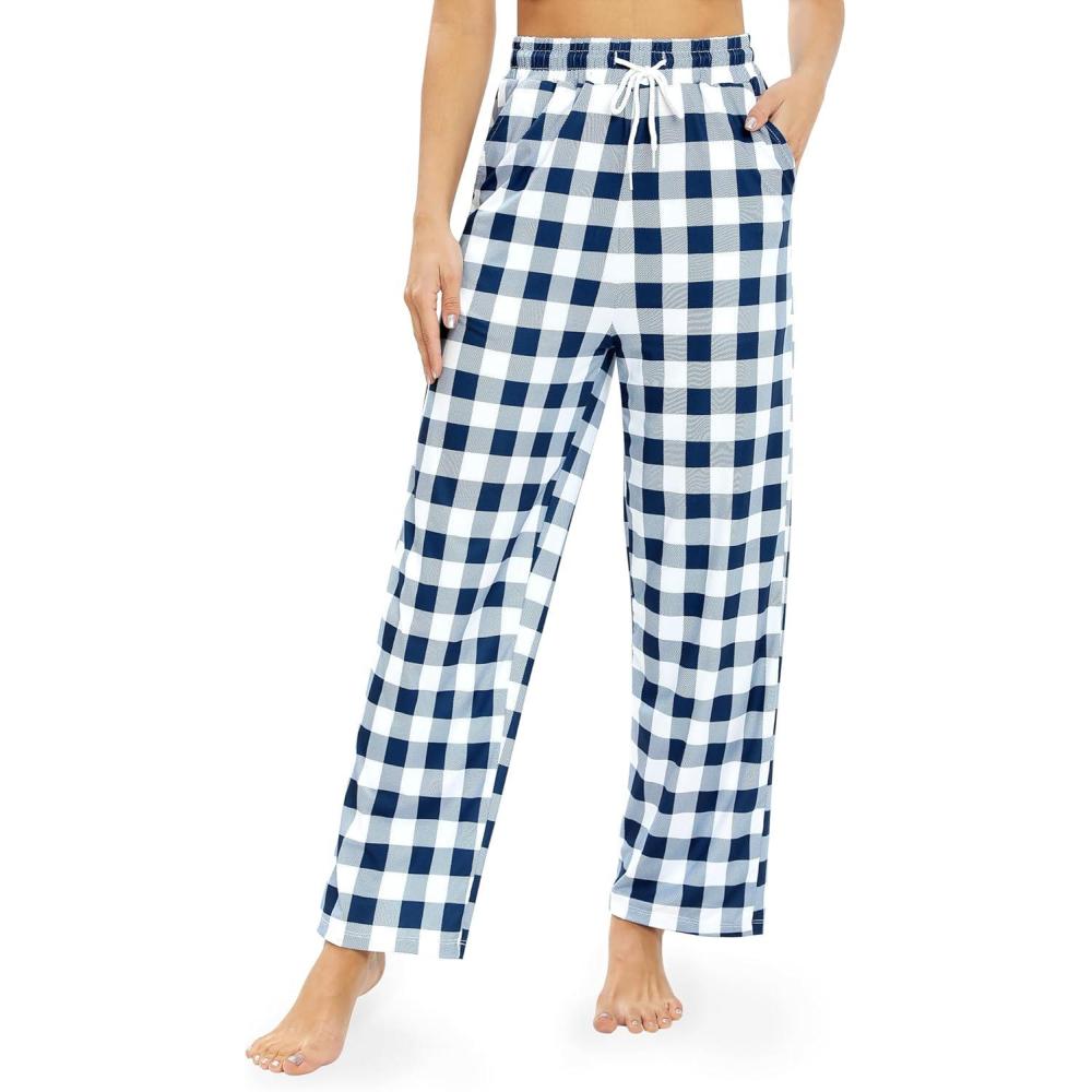 imageAlimens ampamp Gentle Womens Pajama Pants Plaid Stretch Comfy Lounge Pants Drawstring Waist Sleep Bottoms with PocketsNavy white