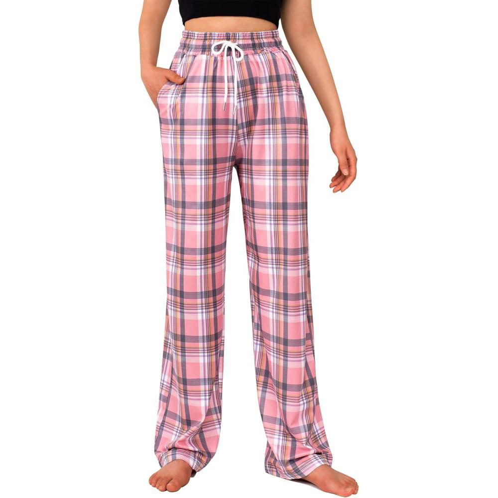 imageAlimens ampamp Gentle Womens Pajama Pants Plaid Stretch Comfy Lounge Pants Drawstring Waist Sleep Bottoms with PocketsPink