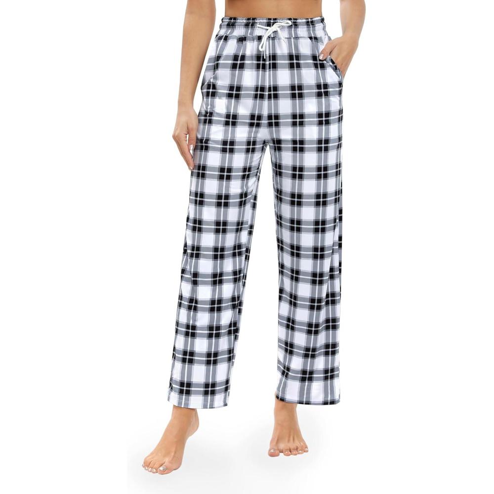imageAlimens ampamp Gentle Womens Pajama Pants Plaid Stretch Comfy Lounge Pants Drawstring Waist Sleep Bottoms with PocketsWhite black plaid
