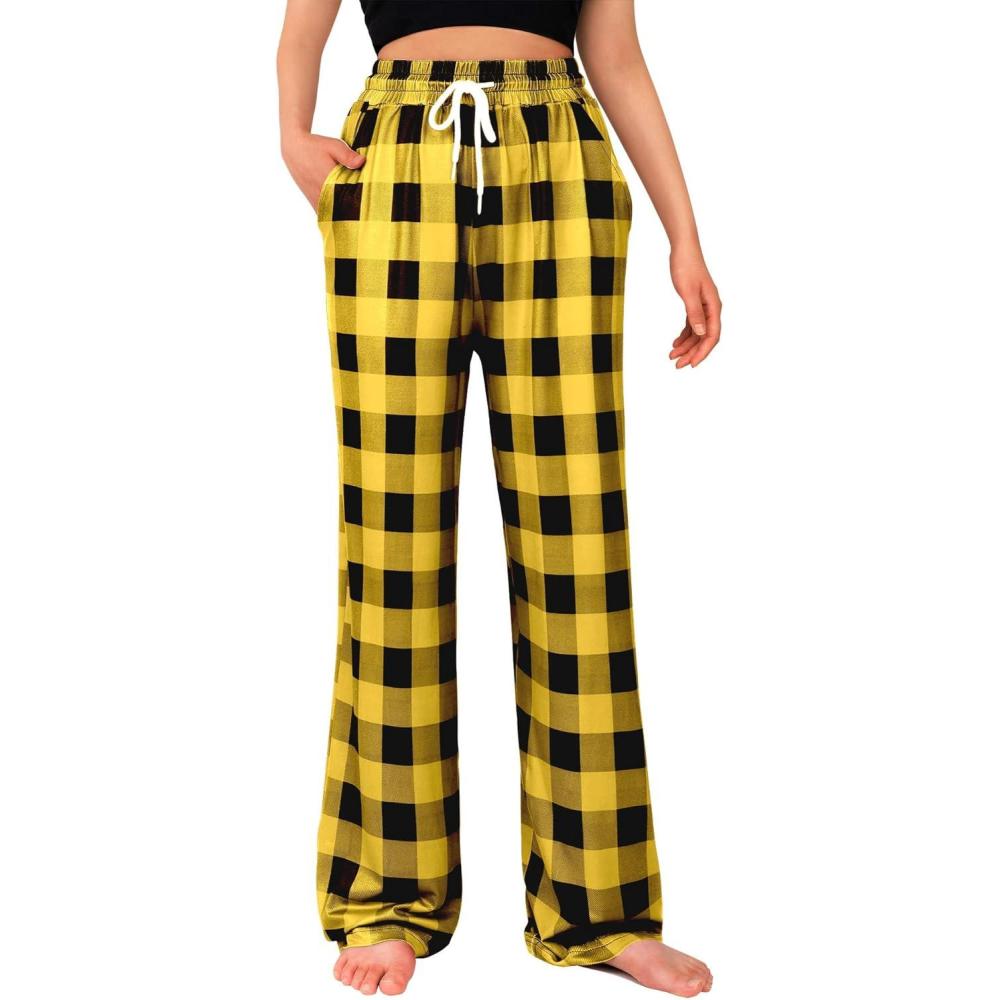 imageAlimens ampamp Gentle Womens Pajama Pants Plaid Stretch Comfy Lounge Pants Drawstring Waist Sleep Bottoms with PocketsYellowblack