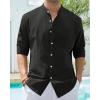 Alimens & Gentle Men’s Cotton Linen Shirts Long Sleeve Button Down Shirt Band Collar Beach Shirts(Black)