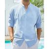 Alimens & Gentle Men’s Cotton Linen Shirts Long Sleeve Button Down Shirt Band Collar Beach Shirts(Cool Blue)