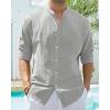 Alimens & Gentle Men’s Cotton Linen Shirts Long Sleeve Button Down Shirt Band Collar Beach Shirts(Grey)