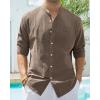 Alimens & Gentle Men’s Cotton Linen Shirts Long Sleeve Button Down Shirt Band Collar Beach Shirts(Khaki)