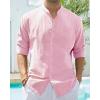 Alimens & Gentle Men’s Cotton Linen Shirts Long Sleeve Button Down Shirt Band Collar Beach Shirts(Pink)
