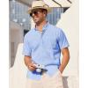 Alimens & Gentle Mens Linen Shirt Short Sleeve Casual Cotton Button Down Shirts Collared Summer Shirts(Azure)