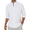 Alimens & Gentle Men’s Cotton Linen Shirts Long Sleeve Button Down Shirt Band Collar Beach Shirts(All White)