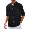 Alimens & Gentle Men’s Cotton Linen Shirts Long Sleeve Button Down Shirt Band Collar Beach Shirts(Black)