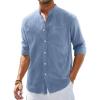 Alimens & Gentle Men’s Cotton Linen Shirts Long Sleeve Button Down Shirt Band Collar Beach Shirts(Blue Heaven)