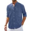 Alimens & Gentle Men’s Cotton Linen Shirts Long Sleeve Button Down Shirt Band Collar Beach Shirts(Blue Wing Teal)