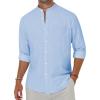 Alimens & Gentle Men’s Cotton Linen Shirts Long Sleeve Button Down Shirt Band Collar Beach Shirts(Cool Blue)