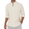 Alimens & Gentle Men’s Cotton Linen Shirts Long Sleeve Button Down Shirt Band Collar Beach Shirts(Creamy White)