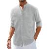 Alimens & Gentle Men’s Cotton Linen Shirts Long Sleeve Button Down Shirt Band Collar Beach Shirts(Grey)
