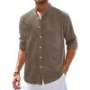 Alimens & Gentle Men’s Cotton Linen Shirts Long Sleeve Button Down Shirt Band Collar Beach Shirts(Khaki)
