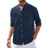 Alimens & Gentle Men’s Cotton Linen Shirts Long Sleeve Button Down Shirt Band Collar Beach Shirts(Navy Blue)