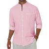Alimens & Gentle Men’s Cotton Linen Shirts Long Sleeve Button Down Shirt Band Collar Beach Shirts(Pink)