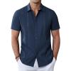 Alimens & Gentle Men’s Cuban Guayabera Shirts Cotton Linen Short Sleeve Button Down Shirts Casual Summer Beach Camp Shirt(Navy Blue)