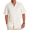 Alimens & Gentle Mens Linen Shirts Cotton Hawaiian Shirts Short Sleeve Button Down Shirts Casual Summer Beach Tops(A-creamy White)