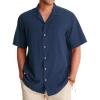 Alimens & Gentle Mens Linen Shirts Cotton Hawaiian Shirts Short Sleeve Button Down Shirts Casual Summer Beach Tops(Navy Blue)