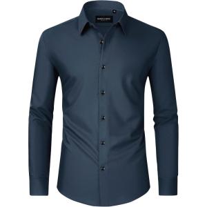 Alimens & Gentle Men’s Dress Shirts Long Sleeve Wrinkle Free Stretch Business Casual Wedding Button Down Shirt(Navy Blue)