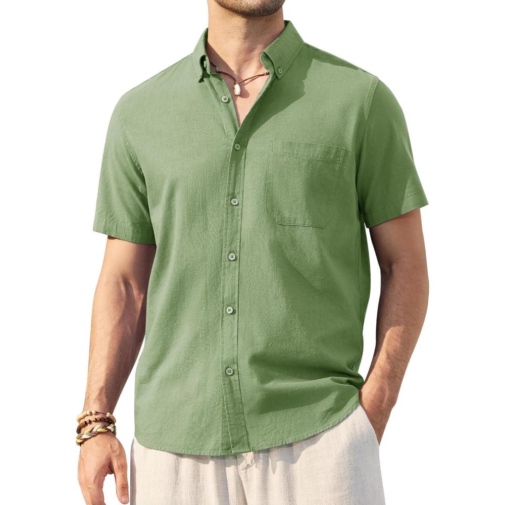 imageAlimens ampamp Gentle Mens Linen Shirt Short Sleeve Casual Cotton Button Down Shirts Collared Summer ShirtsCelandine Green