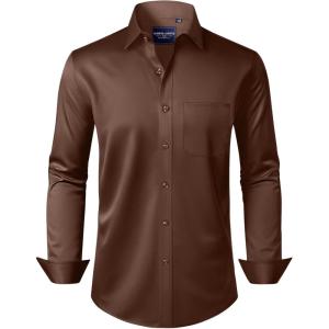 Alimens & Gentle Men’s Dress Shirts Long Sleeve Wrinkle-Free Stretch Shirts Solid Formal Button Down Shirt with Pocket(Coffee)