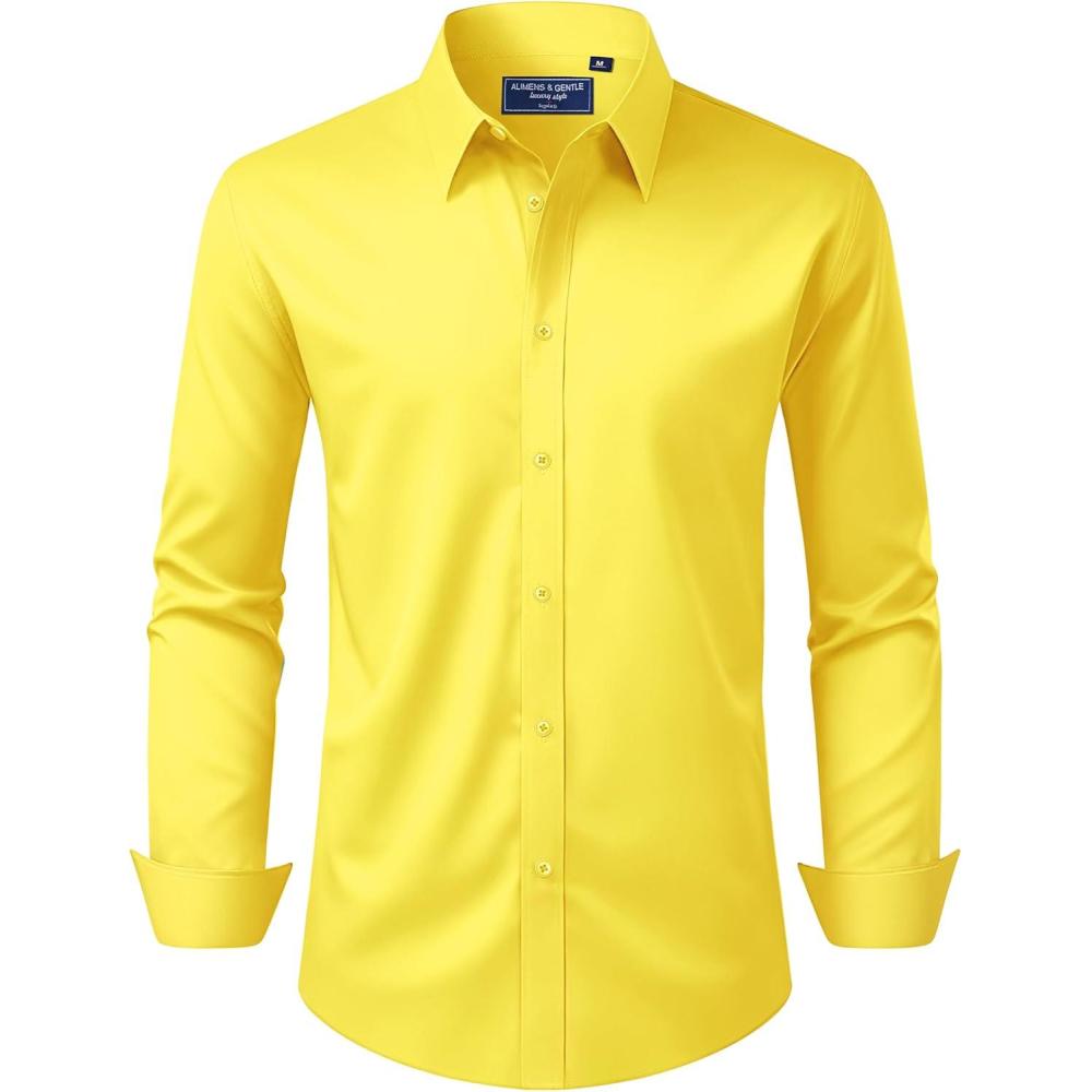 imageAlimens ampamp Gentle Mens Dress Shirt Regular Fit Stretch Stain Shield Long Sleeve Solid Business Wedding Button Down ShirtsBright Yellow
