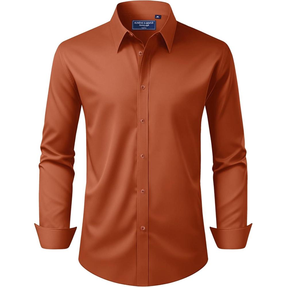 imageAlimens ampamp Gentle Mens Dress Shirt Regular Fit Stretch Stain Shield Long Sleeve Solid Business Wedding Button Down ShirtsBurnt Orange