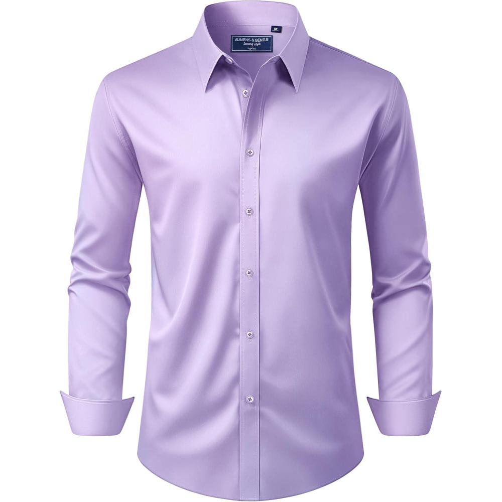 imageAlimens ampamp Gentle Mens Dress Shirt Regular Fit Stretch Stain Shield Long Sleeve Solid Business Wedding Button Down ShirtsLavender