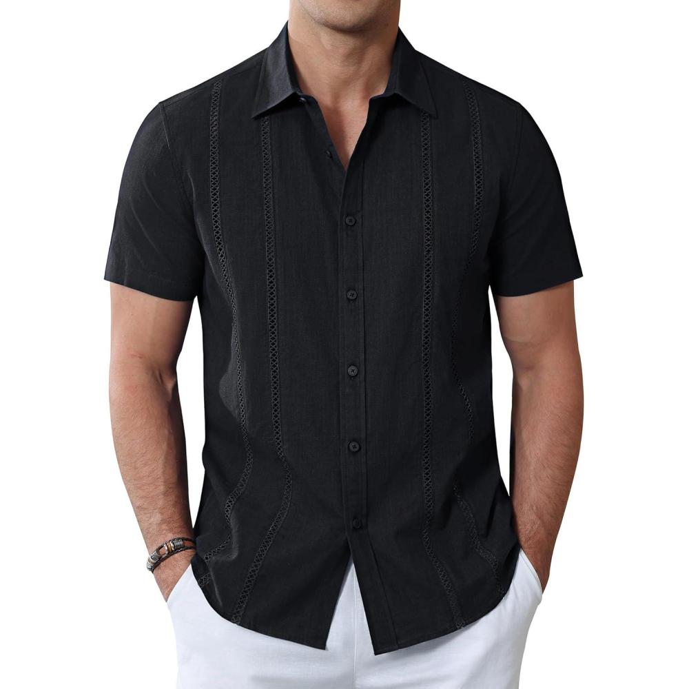 imageAlimens amp Gentle Mens Cuban Guayabera Shirts Cotton Linen Short Sleeve Button Down Shirts Casual Summer Beach Camp ShirtBlack