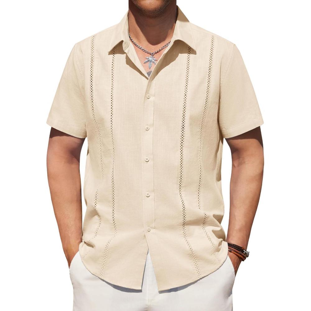 imageAlimens amp Gentle Mens Cuban Guayabera Shirts Cotton Linen Short Sleeve Button Down Shirts Casual Summer Beach Camp ShirtCloud Cream