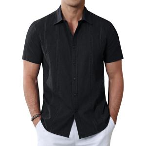 Alimens & Gentle Men’s Cuban Guayabera Shirts Cotton Linen Short Sleeve Button Down Shirts Casual Summer Beach Camp Shirt(Black)