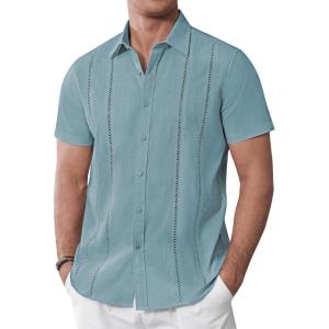 Alimens & Gentle Men’s Cuban Guayabera Shirts Cotton Linen Short Sleeve Button Down Shirts Casual Summer Beach Camp Shirt(Blue Heaven)