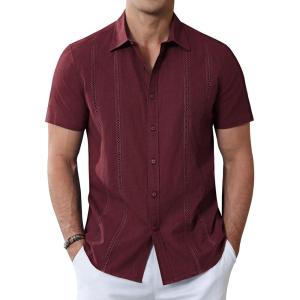 Alimens & Gentle Men’s Cuban Guayabera Shirts Cotton Linen Short Sleeve Button Down Shirts Casual Summer Beach Camp Shirt(Burgundy)