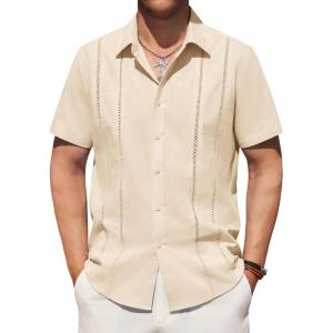 Alimens & Gentle Men’s Cuban Guayabera Shirts Cotton Linen Short Sleeve Button Down Shirts Casual Summer Beach Camp Shirt(Cloud Cream)