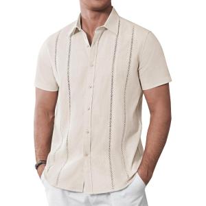 Alimens & Gentle Men’s Cuban Guayabera Shirts Cotton Linen Short Sleeve Button Down Shirts Casual Summer Beach Camp Shirt(Creamy White)