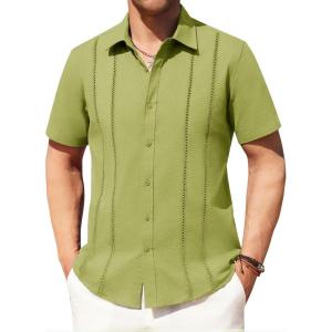 Alimens & Gentle Men’s Cuban Guayabera Shirts Cotton Linen Short Sleeve Button Down Shirts Casual Summer Beach Camp Shirt(Grass Green)