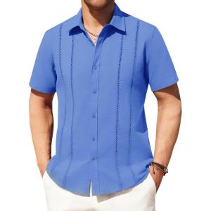 Alimens & Gentle Men’s Cuban Guayabera Shirts Cotton Linen Short Sleeve Button Down Shirts Casual Summer Beach Camp Shirt(Royal Blue)
