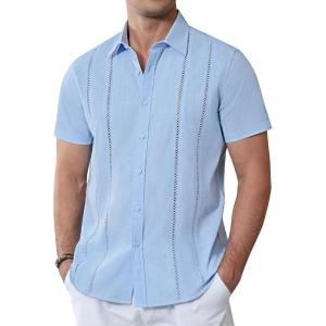 Alimens & Gentle Men’s Cuban Guayabera Shirts Cotton Linen Short Sleeve Button Down Shirts Casual Summer Beach Camp Shirt(Sky Blue)