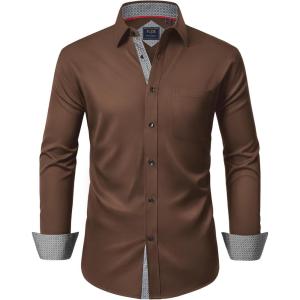 Alimens & Gentle Men’s Dress Shirts Long Sleeve Wrinkle-Free Business Casual Button Down Shirt(Brown)