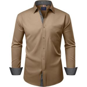 Alimens & Gentle Men’s Dress Shirts Long Sleeve Wrinkle-Free Business Casual Button Down Shirt(Camel)