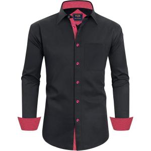Alimens & Gentle Men’s Dress Shirts Long Sleeve Wrinkle-Free Business Casual Button Down Shirt(Flex Black Red)